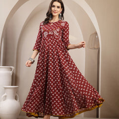 Gulmohar Jaipur Cotton Calf Length Printed 3/4 Sleeve Key Hole Neck Flared Kurta