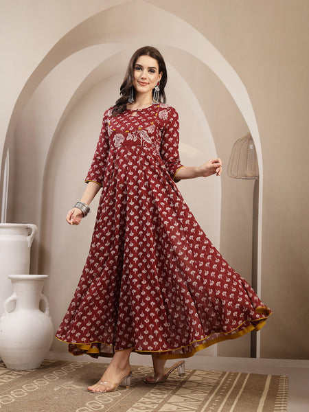 Gulmohar Jaipur Cotton Calf Length Printed 3/4 Sleeve Key Hole Neck Flared Kurta
