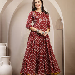 Gulmohar Jaipur Cotton Calf Length Printed 3/4 Sleeve Key Hole Neck Flared Kurta