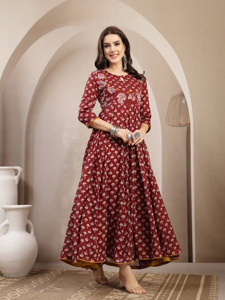 Gulmohar Jaipur Cotton Calf Length Printed 3/4 Sleeve Key Hole Neck Flared Kurta