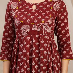 Gulmohar Jaipur Cotton Calf Length Printed 3/4 Sleeve Key Hole Neck Flared Kurta