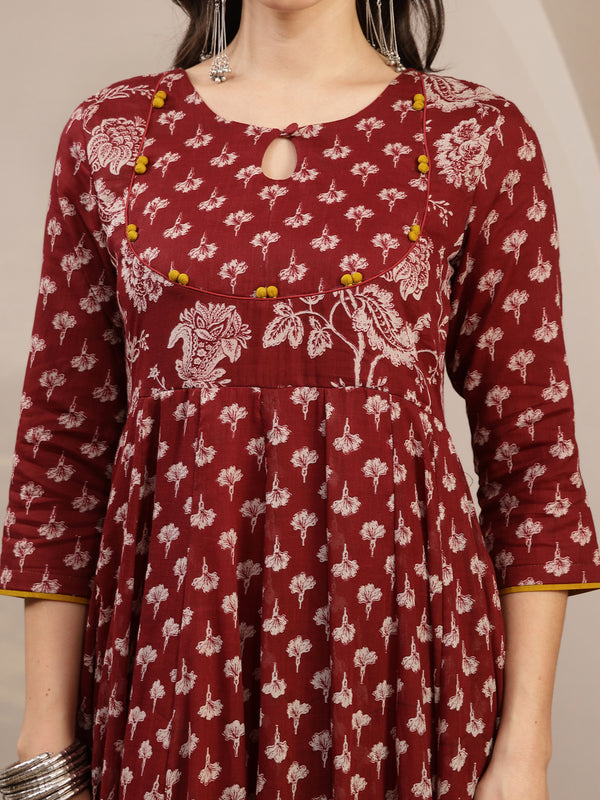 Gulmohar Jaipur Cotton Calf Length Printed 3/4 Sleeve Key Hole Neck Flared Kurta