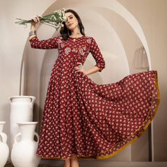 Gulmohar Jaipur Cotton Calf Length Printed 3/4 Sleeve Key Hole Neck Flared Kurta