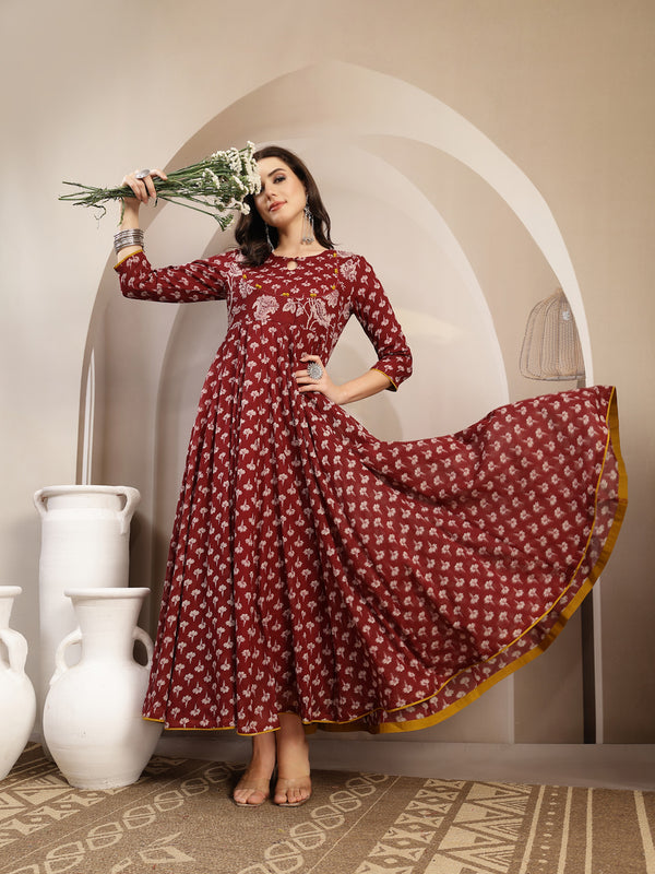 Gulmohar Jaipur Cotton Calf Length Printed 3/4 Sleeve Key Hole Neck Flared Kurta