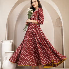 Gulmohar Jaipur Cotton Calf Length Printed 3/4 Sleeve Key Hole Neck Flared Kurta