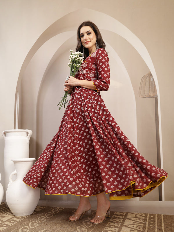 Gulmohar Jaipur Cotton Calf Length Printed 3/4 Sleeve Key Hole Neck Flared Kurta