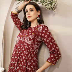 Gulmohar Jaipur Cotton Calf Length Printed 3/4 Sleeve Key Hole Neck Flared Kurta