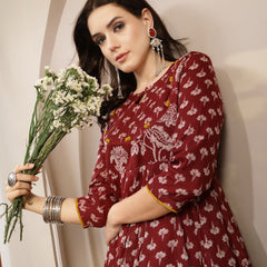 Gulmohar Jaipur Cotton Calf Length Printed 3/4 Sleeve Key Hole Neck Flared Kurta