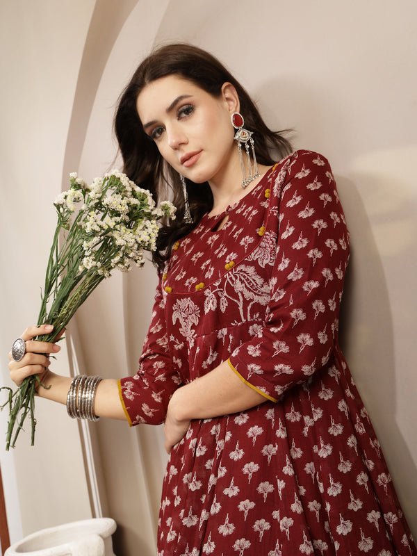 Gulmohar Jaipur Cotton Calf Length Printed 3/4 Sleeve Key Hole Neck Flared Kurta