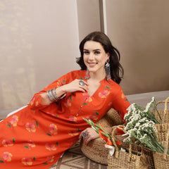 Gulmohar Jaipur Cotton Calf Length Printed 3/4 Sleeve V-Neck Straight Kurta
