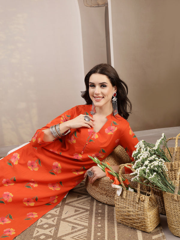 Gulmohar Jaipur Cotton Calf Length Printed 3/4 Sleeve V-Neck Straight Kurta