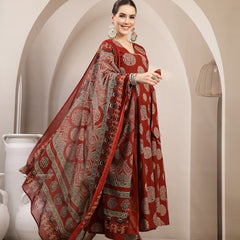 Gulmohar Jaipur Cotton Calf Length Printed 3/4 Sleeve V-Neck Anarkali Kurta Suit Set
