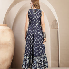 Gulmohar Jaipur Cotton Calf Length Printed Sleeveless Round Neck Flared Dress