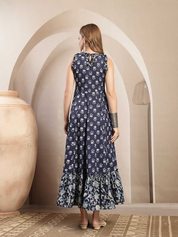 Gulmohar Jaipur Cotton Calf Length Printed Sleeveless Round Neck Flared Dress