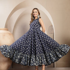 Gulmohar Jaipur Cotton Calf Length Printed Sleeveless Round Neck Flared Dress