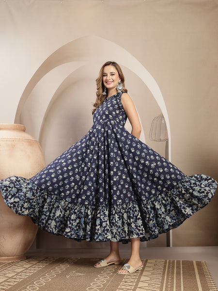 Gulmohar Jaipur Cotton Calf Length Printed Sleeveless Round Neck Flared Dress