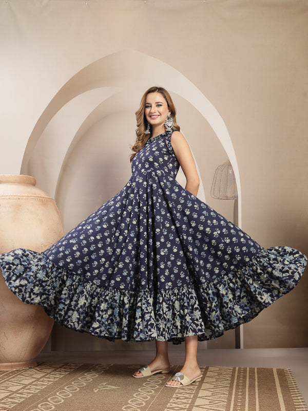Gulmohar Jaipur Cotton Calf Length Printed Sleeveless Round Neck Flared Dress