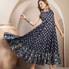 Gulmohar Jaipur Cotton Calf Length Printed Sleeveless Round Neck Flared Dress