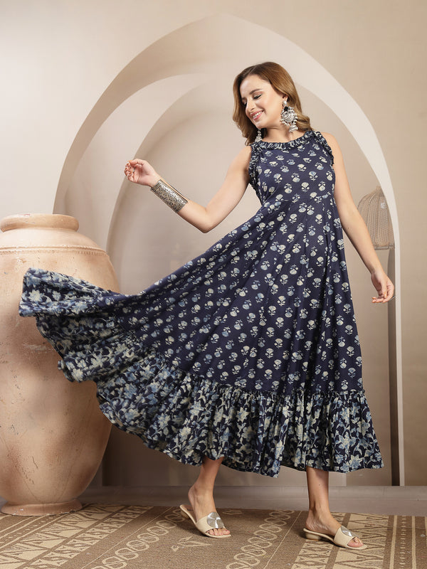 Gulmohar Jaipur Cotton Calf Length Printed Sleeveless Round Neck Flared Dress