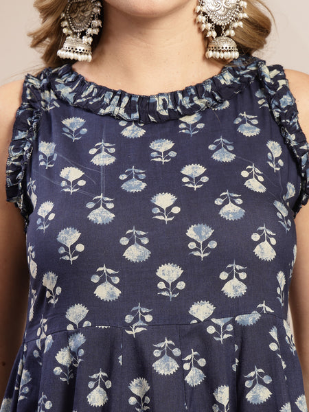 Gulmohar Jaipur Cotton Calf Length Printed Sleeveless Round Neck Flared Dress