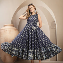 Gulmohar Jaipur Cotton Calf Length Printed Sleeveless Round Neck Flared Dress
