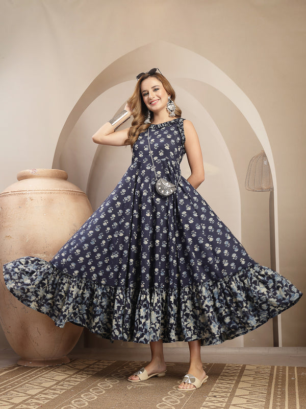 Gulmohar Jaipur Cotton Calf Length Printed Sleeveless Round Neck Flared Dress