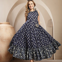 Gulmohar Jaipur Cotton Calf Length Printed Sleeveless Round Neck Flared Dress