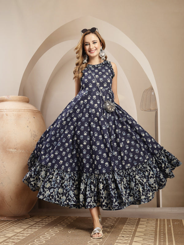 Gulmohar Jaipur Cotton Calf Length Printed Sleeveless Round Neck Flared Dress