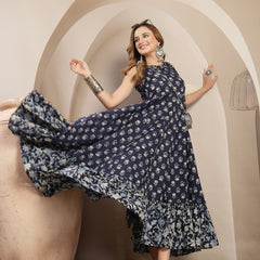 Gulmohar Jaipur Cotton Calf Length Printed Sleeveless Round Neck Flared Dress