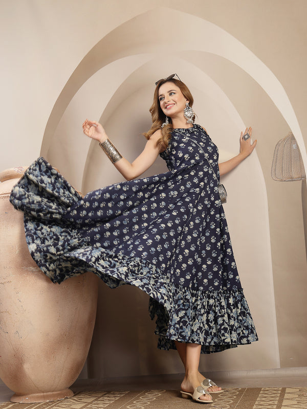 Gulmohar Jaipur Cotton Calf Length Printed Sleeveless Round Neck Flared Dress