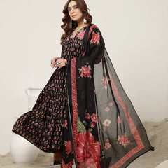 Cotton Calf Length Printed Full Sleeve V-Neck Flared Kurta Suit Set