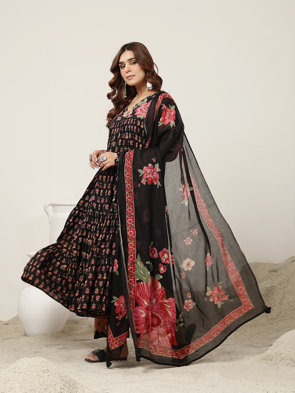 Cotton Calf Length Printed Full Sleeve V-Neck Flared Kurta Suit Set