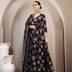Gulmohar Jaipur Cotton Calf Length Printed 3/4 Sleeve V-Neck Anarkali Kurta Suit Set