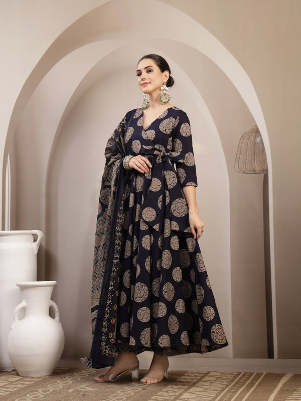 Gulmohar Jaipur Cotton Calf Length Printed 3/4 Sleeve V-Neck Anarkali Kurta Suit Set