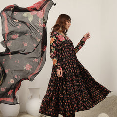 Cotton Calf Length Printed Full Sleeve V-Neck Flared Kurta Suit Set