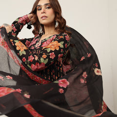 Cotton Calf Length Printed Full Sleeve V-Neck Flared Kurta Suit Set