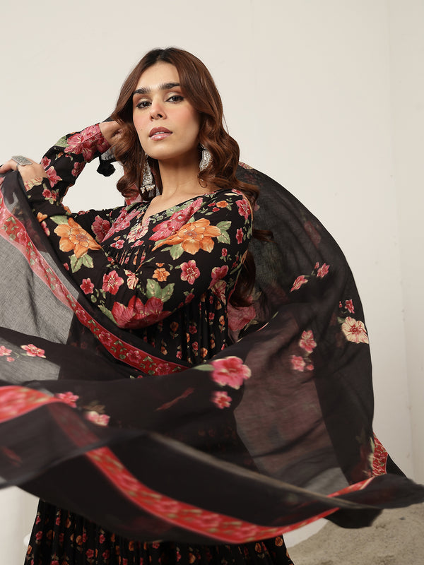 Cotton Calf Length Printed Full Sleeve V-Neck Flared Kurta Suit Set