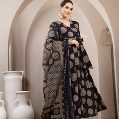 Gulmohar Jaipur Cotton Calf Length Printed 3/4 Sleeve V-Neck Anarkali Kurta Suit Set