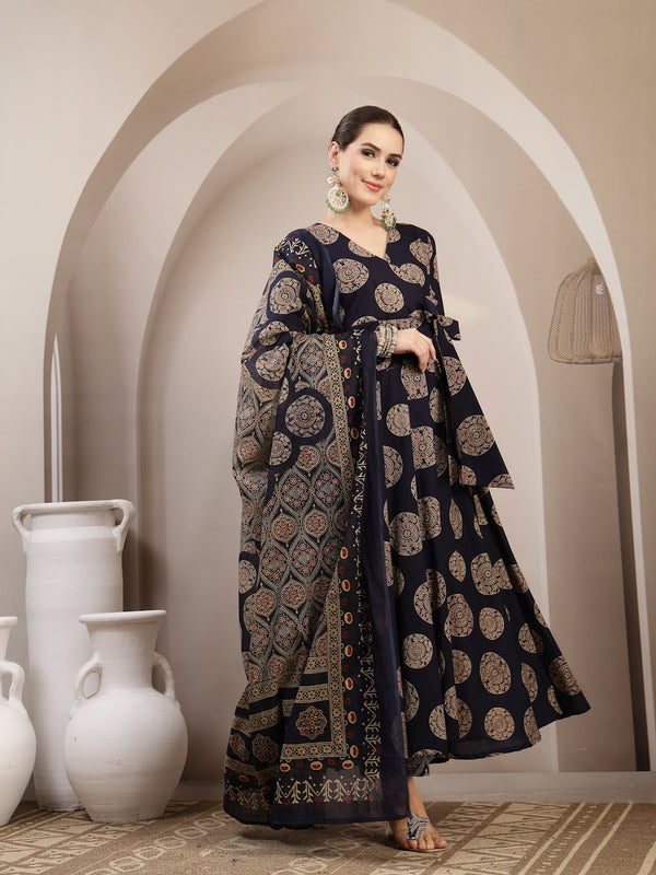 Gulmohar Jaipur Cotton Calf Length Printed 3/4 Sleeve V-Neck Anarkali Kurta Suit Set