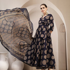Gulmohar Jaipur Cotton Calf Length Printed 3/4 Sleeve V-Neck Anarkali Kurta Suit Set