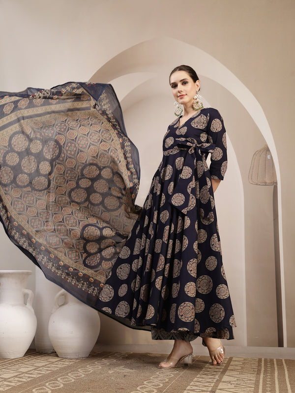 Gulmohar Jaipur Cotton Calf Length Printed 3/4 Sleeve V-Neck Anarkali Kurta Suit Set