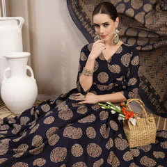 Gulmohar Jaipur Cotton Calf Length Printed 3/4 Sleeve V-Neck Anarkali Kurta Suit Set