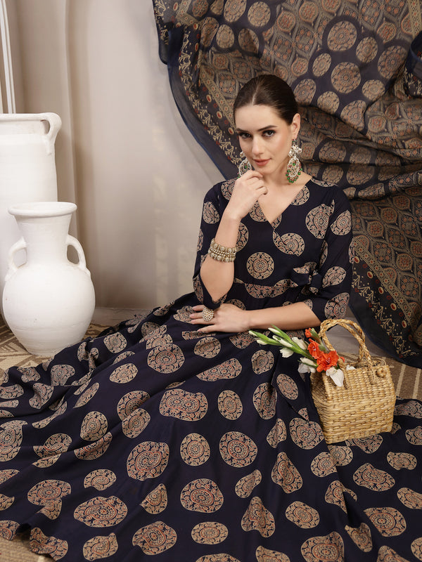 Gulmohar Jaipur Cotton Calf Length Printed 3/4 Sleeve V-Neck Anarkali Kurta Suit Set