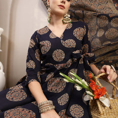 Gulmohar Jaipur Cotton Calf Length Printed 3/4 Sleeve V-Neck Anarkali Kurta Suit Set