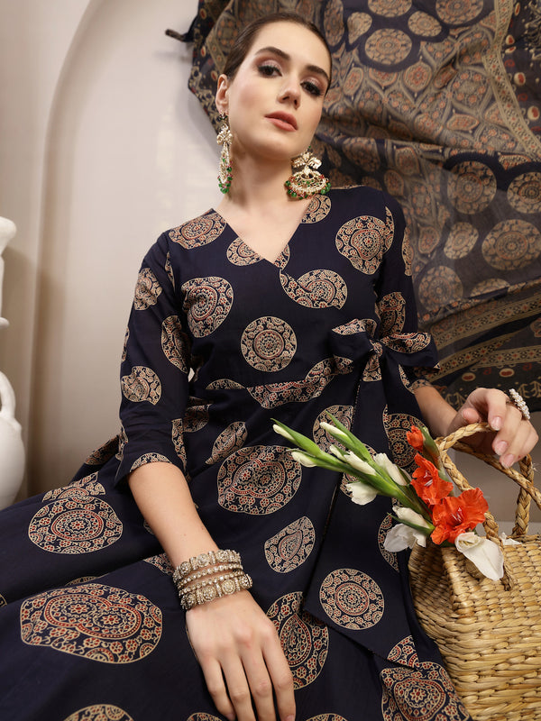 Gulmohar Jaipur Cotton Calf Length Printed 3/4 Sleeve V-Neck Anarkali Kurta Suit Set
