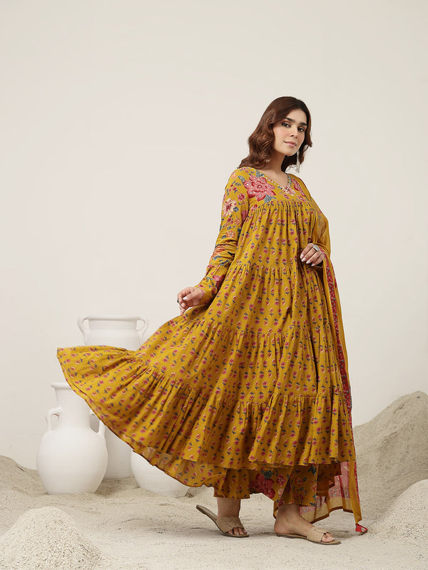 Cotton Calf Length Printed Full Sleeve V-Neck Flared Kurta Suit Set