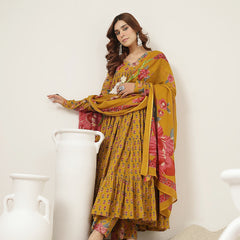 Cotton Calf Length Printed Full Sleeve V-Neck Flared Kurta Suit Set