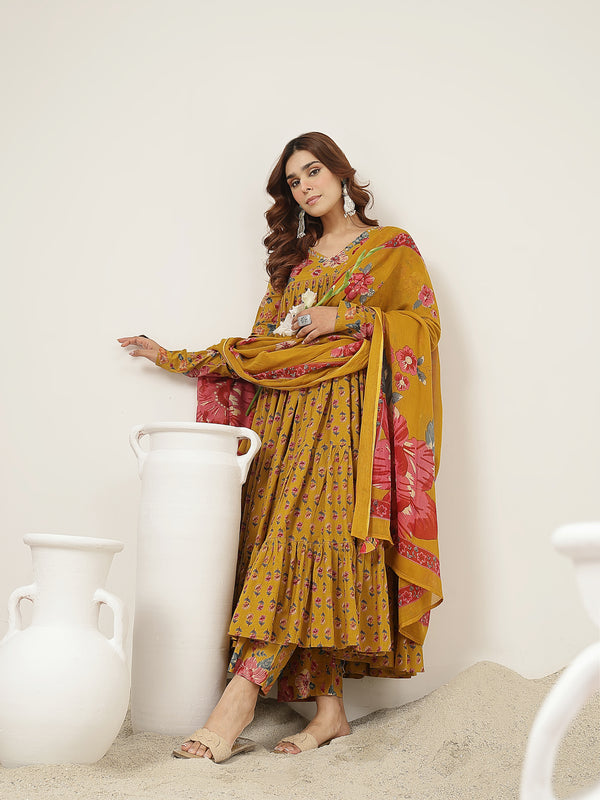 Cotton Calf Length Printed Full Sleeve V-Neck Flared Kurta Suit Set