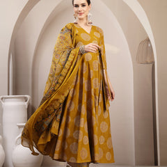 Gulmohar Jaipur Cotton Calf Length Printed 3/4 Sleeve V-Neck Anarkali Kurta Suit Set
