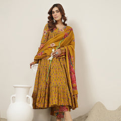 Cotton Calf Length Printed Full Sleeve V-Neck Flared Kurta Suit Set